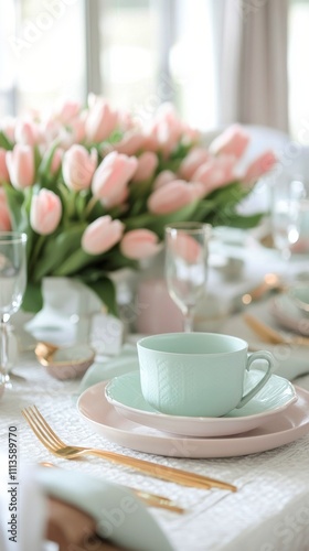Beautiful spring tablescape with pastel dishes and pink tulips for a special ...