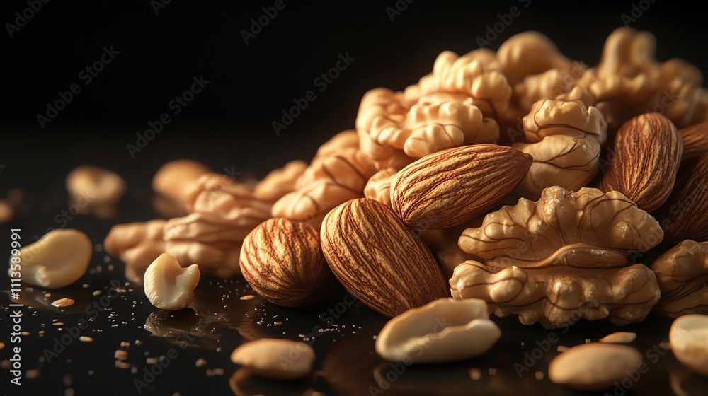 A handful of fresh walnuts and almonds, their natural texture highlighted against a sleek black background, Generative AI A handful of fresh walnuts and almonds, their natural texture highlighted against a sleek black background, Generative AI