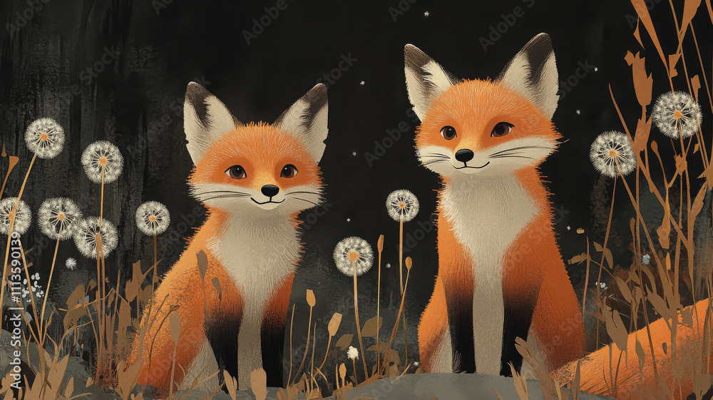 Obraz premium Two playful foxes in dandelion meadow, surrounded by nature beauty