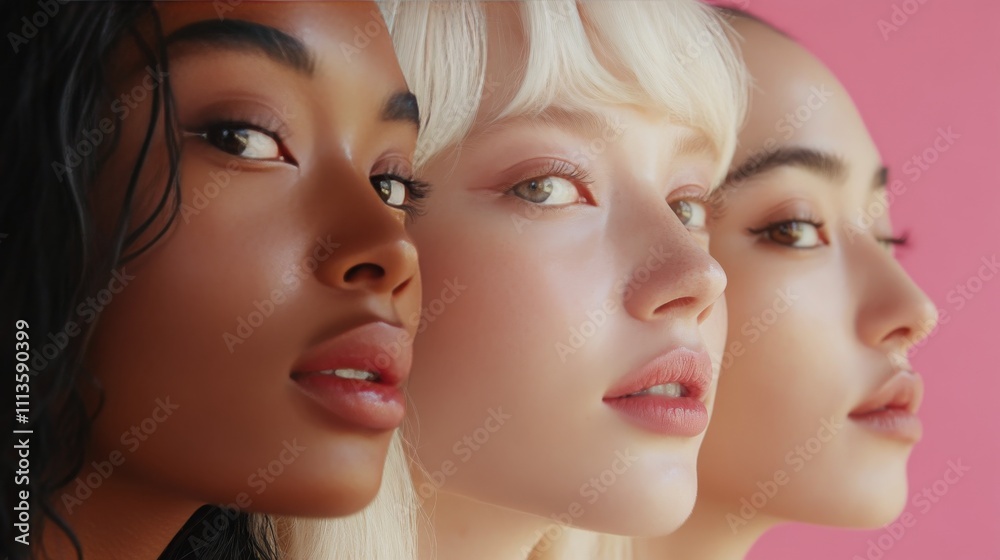 Diverse group of women showcasing unique beauty and striking features against a colorful backdrop Diverse group of women showcasing unique beauty and striking features against a colorful backdrop