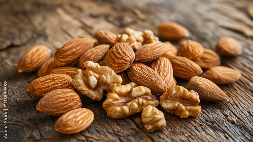 A handful of fresh almonds and walnuts scattered on a wooden surface, symbolizing healthy snacking, Generative AI A handful of fresh almonds and walnuts scattered on a wooden surface, symbolizing healthy snacking, Generative AI