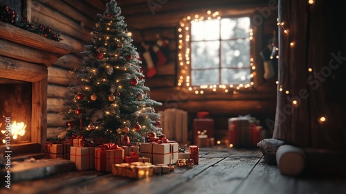 Cozy Christmas Scene with Decorated Tree, Wrapped Gifts, and Warm Cabin Lighting. Festive Atmosphere with Intricate Details of Gift Boxes and Twinkling Lights.