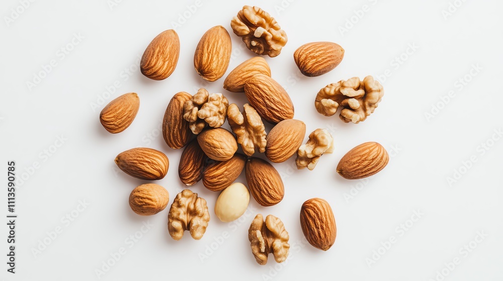 A handful of fresh almonds and walnuts arranged on a white background, symbolizing a healthy snack, Generative AI A handful of fresh almonds and walnuts arranged on a white background, symbolizing a healthy snack, Generative AI