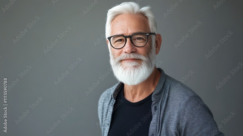 Elderly man with silver hair and beard smiles warmly against a neutral backdrop Elderly man with silver hair and beard smiles warmly against a neutral backdrop
