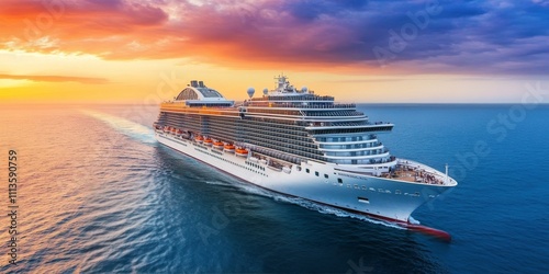 Majestic cruise ship sails through the ocean at sunset near a vibrant horizon