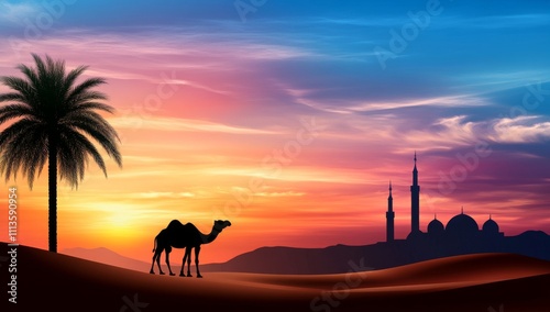 Arabian Sunset with Camel and Palm Tree Silhouettes