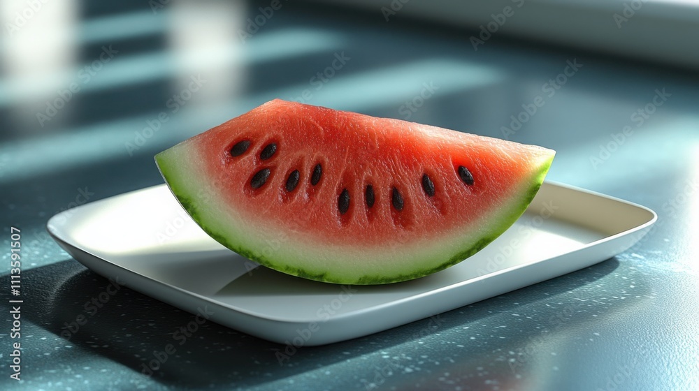 A Single Ripe Watermelon Slice on a White Plate: Perfect for Summer Recipes and Refreshing Food Photography A Single Ripe Watermelon Slice on a White Plate: Perfect for Summer Recipes and Refreshing Food Photography