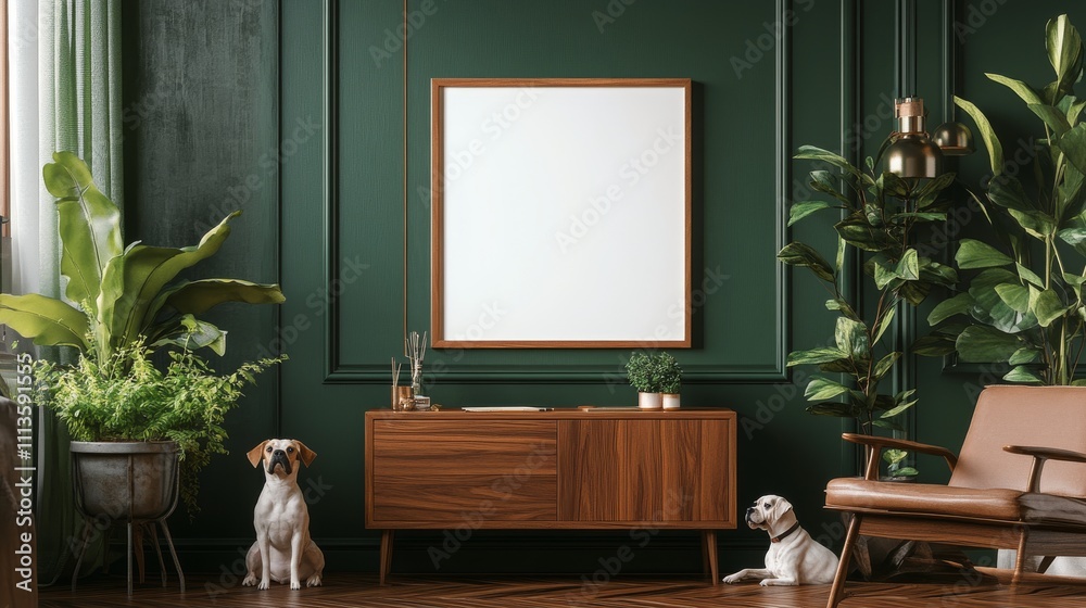 Cozy indoor living space with plants and relaxing dogs in a green wall environment Cozy indoor living space with plants and relaxing dogs in a green wall environment