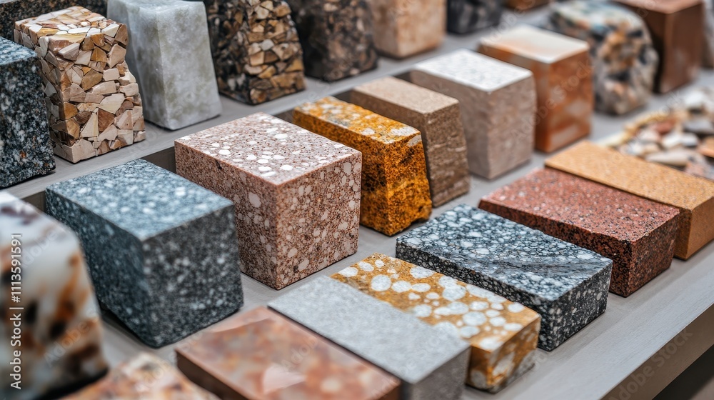 Various terrazzo samples in different colors and patterns. Ideal for showcasing material options for construction or design projects. Various terrazzo samples in different colors and patterns. Ideal for showcasing material options for construction or design projects.