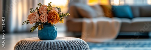 Decorative floral arrangement on a knitted ottoman in a cozy living room setting