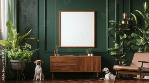 Cozy indoor living space with plants and relaxing dogs in a green wall enviro...
