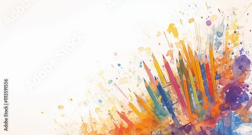 Colorful pencils and splashes of paint on a clean canvas background for art p...
