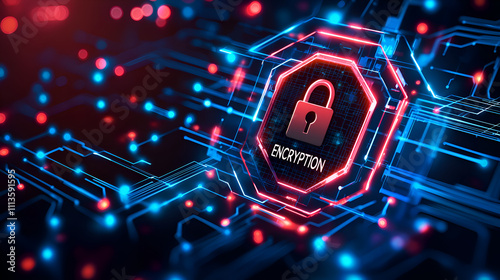 Futuristic Abstract Design of Cybersecurity Concept with Glowing Padlock Symbol and Digital Encryption Elements in Blue and Red