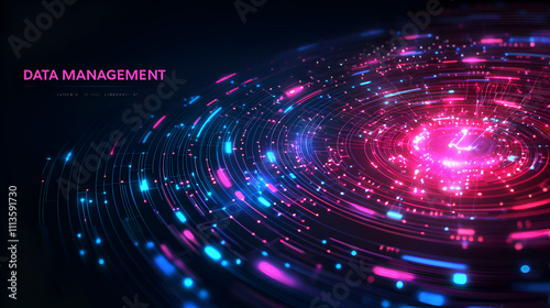 Futuristic Data Management Visualization with Colorful Patterns and Glowing Circles in a Digital Tech Background