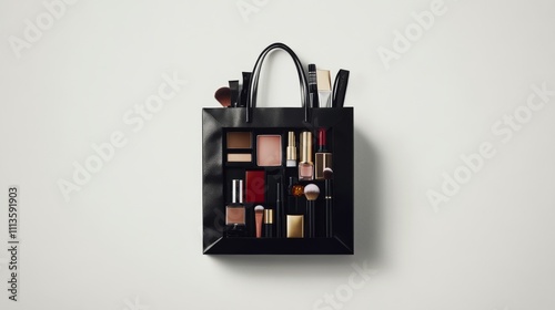 Stylish black cosmetic collection arranged artistically on a flat surface