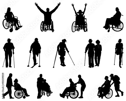 Silhouettes of old and disabled people on a white background	