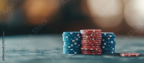 Colorful poker chips stacked on a table with a textured background in a gamin...