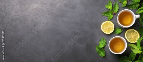 Refreshing herbal tea served with lemon and mint on a dark wooden surface