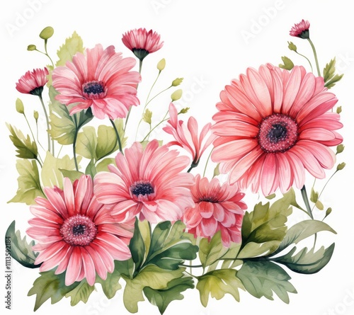 Blooming pink flowers with green leaves arranged beautifully in a watercolor ...