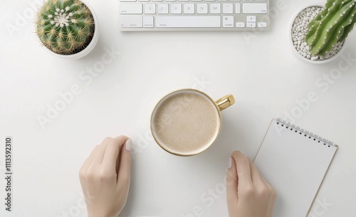 Cozy workspace with coffee cup and succulents during a calm afternoon