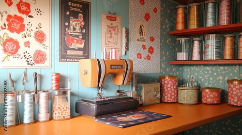 A charming 1960s sewing room with a vintage sewing machine