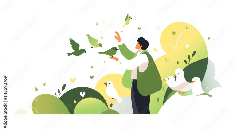 Naklejka premium A person feeding birds in a park