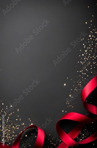 Red ribbon and golden stars create a festive background for holiday celebrations