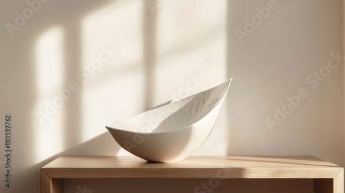 Elegant white bowl resting on wooden table illuminated by soft afternoon light
