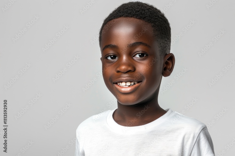 Happy African American schoolboy in white t shirt smiling at camera Happy African American schoolboy in white t shirt smiling at camera