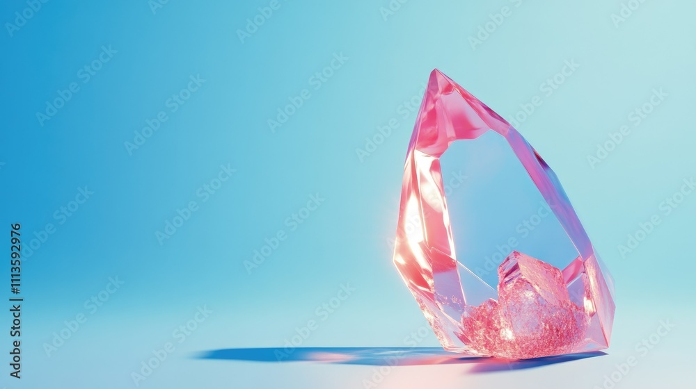 Fototapeta premium A sparkling pink crystal on a soft blue background, showcasing its reflective surfaces.