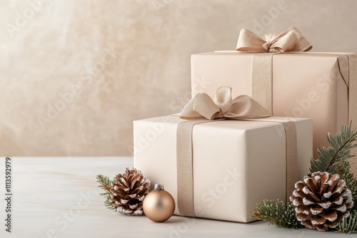 Holiday gift wrapped in brown paper with gold accents and ornaments on a fest...