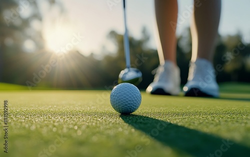 Golf player prepares to putt towards the hole during a sunset