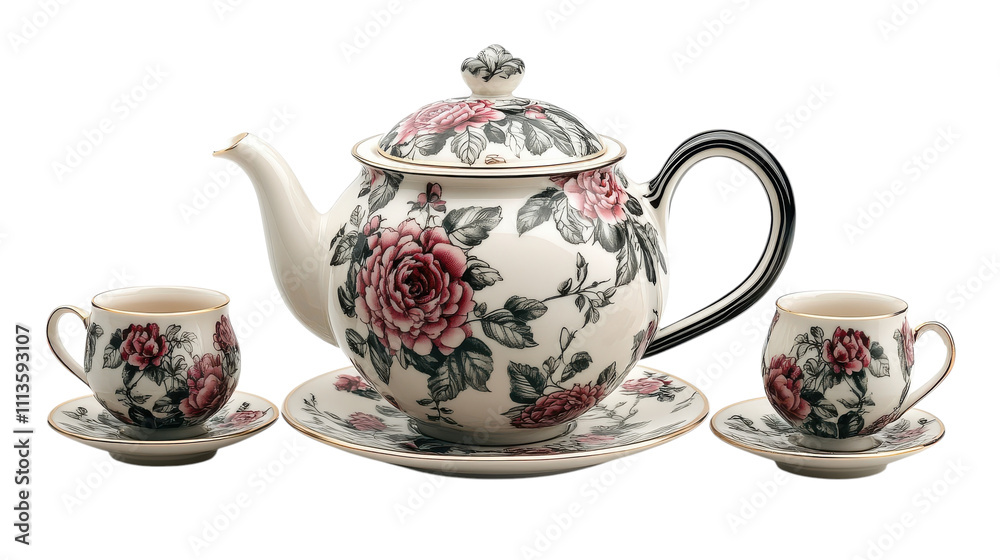 Brightly adorned with roses, the porcelain tea set sits gracefully on a table, ready for a serene afternoon. Two cups and a teapot beckon tea lovers for gentle conversations Brightly adorned with roses, the porcelain tea set sits gracefully on a table, ready for a serene afternoon. Two cups and a teapot beckon tea lovers for gentle conversations