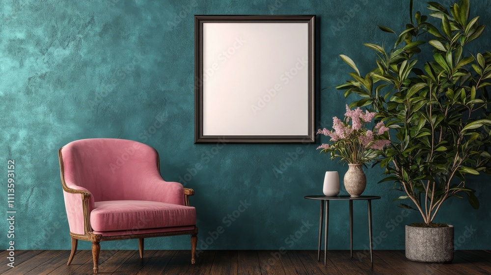 Elegant interior design featuring a pink chair and green plants in a stylish room Elegant interior design featuring a pink chair and green plants in a stylish room