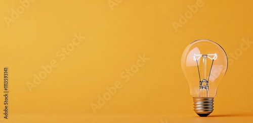Bright vintage light bulb illuminated against a warm orange background
