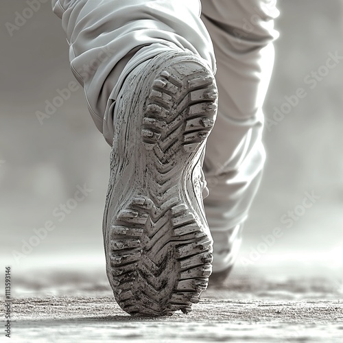 Close-up of muddy hiking boot sole. photo