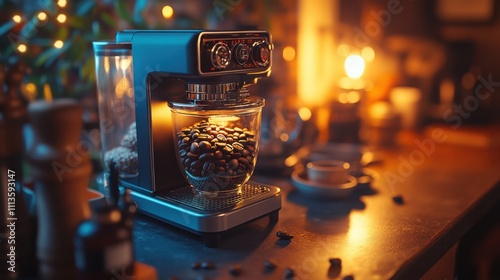 Sleek Modern Coffee Grinder in a Contemporary Kitchen Setting: Ideal for culinary websites, coffee blogs, and kitchen appliance advertisements photo