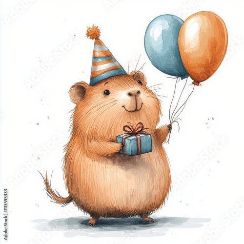 Festive small animal with balloons and a gift in a celebratory mood