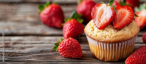 Fresh strawberries and cupcake on wooden table in natural light setting