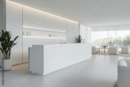 Minimalist reception area with bright lighting and modern furnishings in a co...