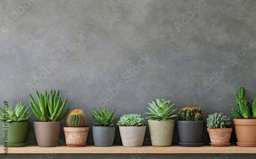 Collection of assorted potted plants on wooden shelf against textured background