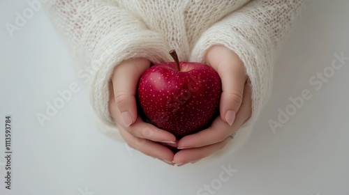 Newborn peacefully sleeps with a red apple in hand, showcasing love and innoc...
