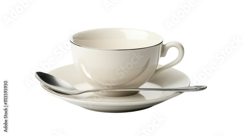 A delicate white china cup sits atop a matching saucer, accompanied by a silver spoon. The minimalist design highlights elegance and tranquility. Ideal for afternoon tea