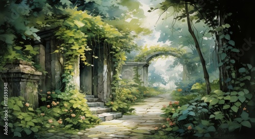 Lush pathway through a vibrant forest with light filtering through the trees