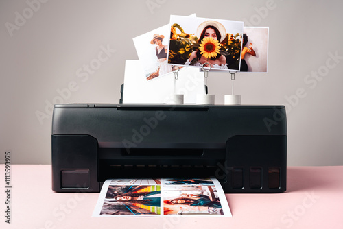 Modern laser printer printing color photos of women close up
