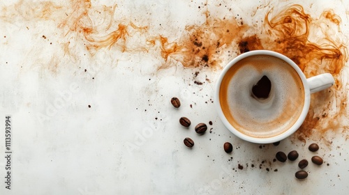 Coffee cup spills over with grounds and beans on a light marble surface near ...