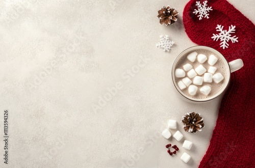 Warm hot chocolate with marshmallows and festive decor during winter season