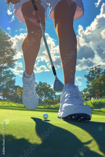 Close up of golfer preparing to putt on a sunny day in lush green landscape