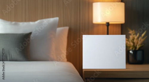 White blank canvas placed on a neatly made bed in a modern hotel room during ...