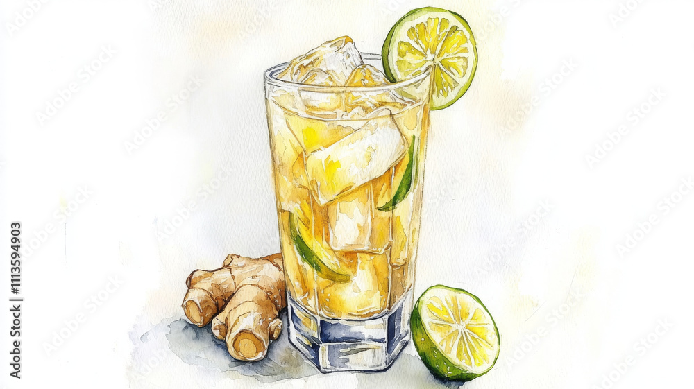 Refreshing ginger drink with ice and lime slices Refreshing ginger drink with ice and lime slices